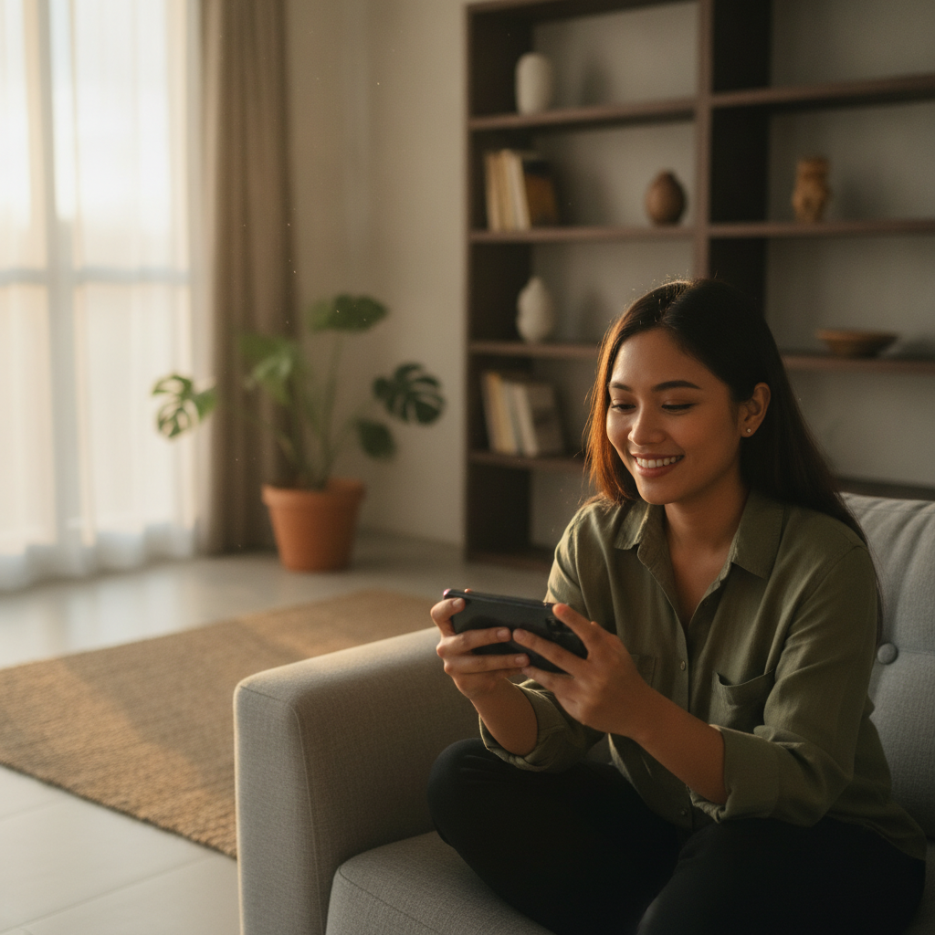 Filipino player using smartphone to explore online casino options at home